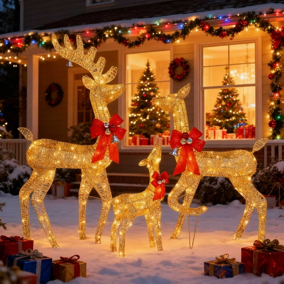 Ktaxon 3D Lighted Christmas 3-Piece Deer Set Outdoor Yard Decoration Set LED Lights, Stakes - Gold