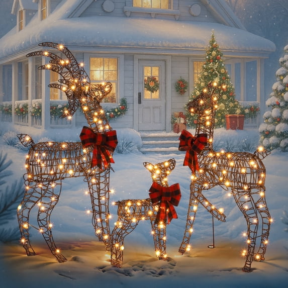 Ktaxon 3D Lighted Christmas 3-Piece Deer Set Outdoor Yard Decoration Set LED Lights, Stakes - Rattan