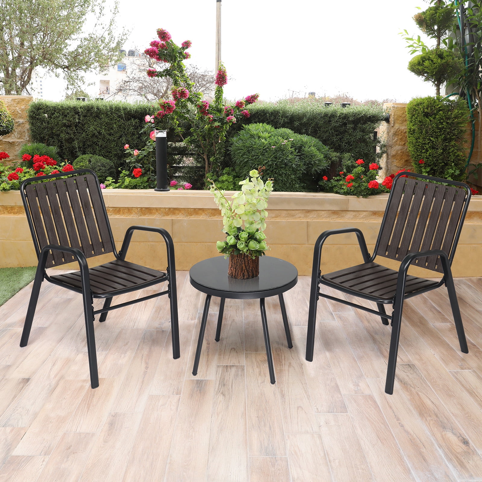 Walmart Coupons of Ktaxon 3PCS Metal Garden Bistro Set, Outdoor Furniture with Stackable Chairs and Glass Table, Black and Coffee
