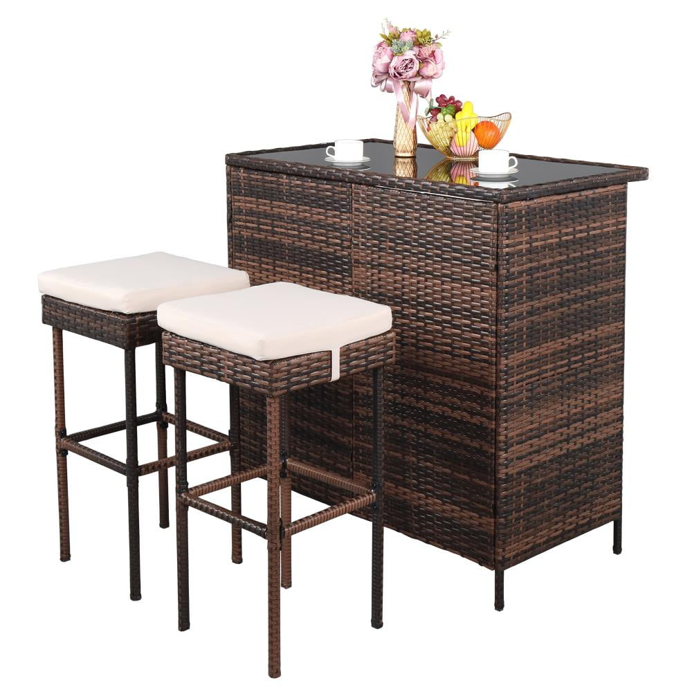 Off-white Cushioned Wicker Barstool Bistro Set with Glass Top Table