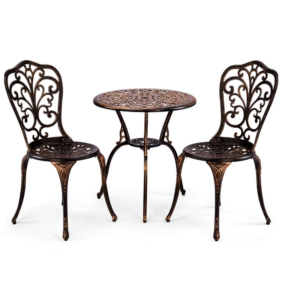 Ktaxon 3Pcs Patio Bistro Set, Cast Aluminum Outdoor Dining Table with Umbrella Hole and Chairs Set of 2, Rust-Resistant & Umbrella Hole, Use for Indoor Outdoor Garden Balcony (Butterfly, Bronze)