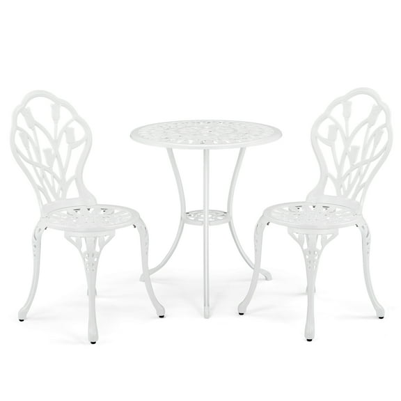 Ktaxon 3Pcs Patio Bistro Set, Cast Aluminum Outdoor Dining Table with Umbrella Hole and Chairs Set of 2, Rust-Resistant & Umbrella Hole, Use for Indoor Outdoor Garden Balcony (Tulip, White)