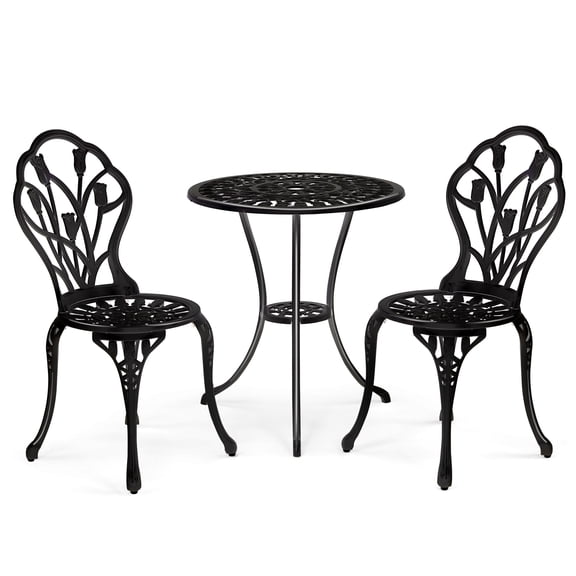 Ktaxon 3Pcs Patio Bistro Set, Cast Aluminum Outdoor Dining Table with Umbrella Hole and Chairs Set of 2, Rust-Resistant & Umbrella Hole, Use for Indoor Outdoor Garden Balcony (Tulip, Black)