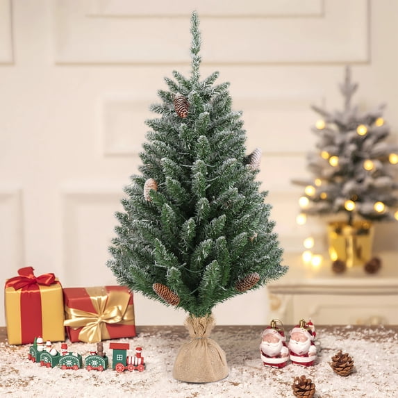 Zimtown 3ft Pre-Lit Artificial Christmas Tree, Table Mini Xmas Tree, Tabletop Decor Decoration Linen Base, Green