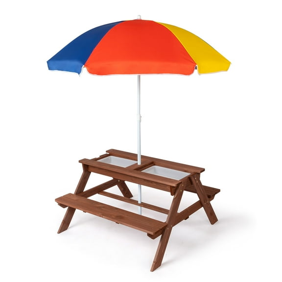 Ktaxon 3in1 Kids Wooden Picnic Table, Outdoor Child Activity Table with Adjustable Umbrella & Play Boxes for Picnic Porch Backyard, Dark Brown