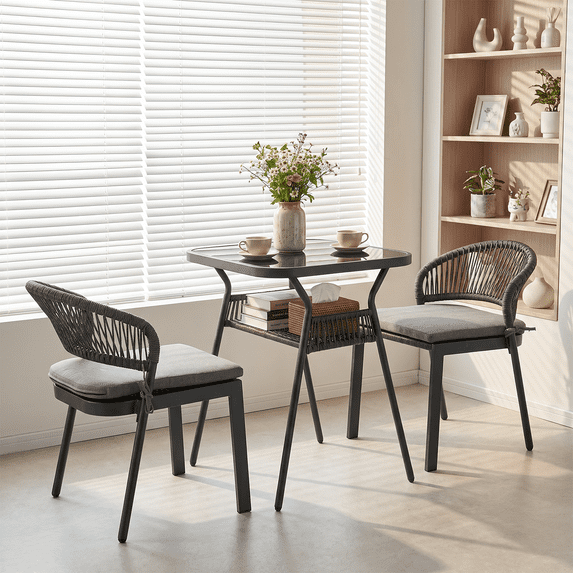 Ktaxon 3pc Bistro Set 22in Stackable Wicker Chairs&Table with Storage Patio Black