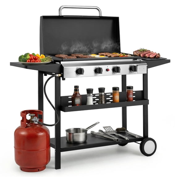 Ktaxon 4 Burner Propane Griddle Flat Top Gas Grill 40000 BTU with Lid,Ceramic Coated Cast Iron Pan,Side Shelves,Spice Rack,Wheels