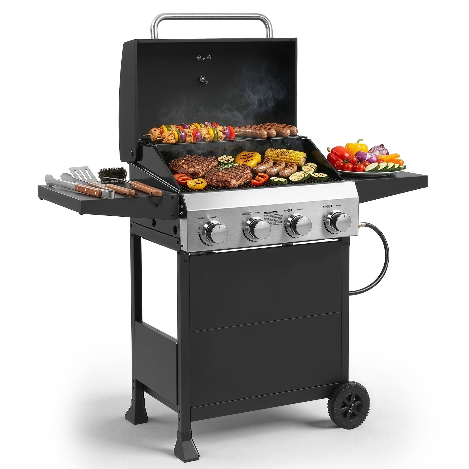 Ktaxon 4 Burner Propane Grill Gas Grill 48000 BTU with Lid,Ceramic Coated Cast Iron Rack,Side Shelves,Wheels