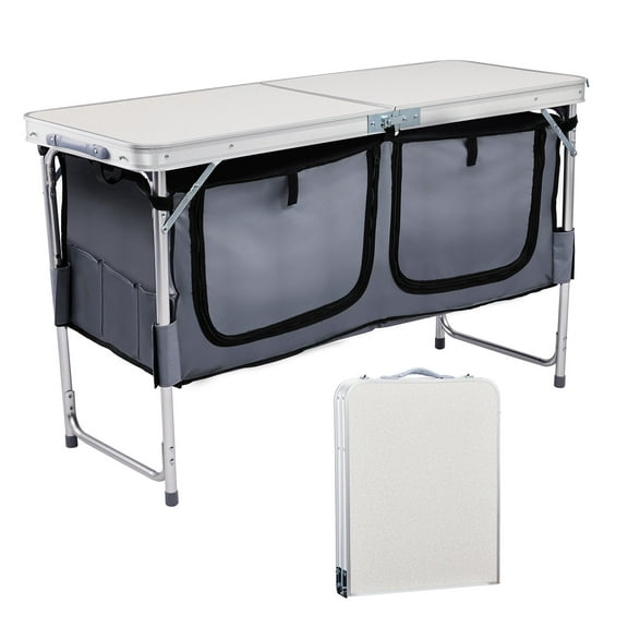 Ktaxon 4' Folding Camping Table Set with Storage, 3 Adjustable Heights Camping Kitchen Station, Aluminum Portable Cook Desk for Camping Party CommercialEntertaining Events, White