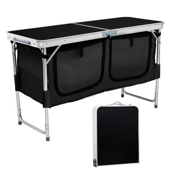 Ktaxon 4' Folding Camping Table Set with Storage, 3 Adjustable Heights Camping Kitchen Station, Aluminum Portable Cook Desk for Camping Party CommercialEntertaining Events, Black