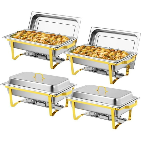 Ktaxon 4 Pack Chafing Dish for Buffet, 8 Quart Stainless Steel Buffet Set, Rectangular Chafers and Warmers Sets for Party, Catering, Wedding, Banquet, Graduation, Gold