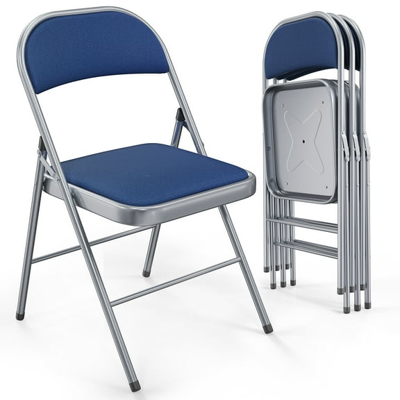 Ktaxon 4 Pack Folding Chairs Foldable Event Chairs with Metal Frame and Soft Fabric Cushion and Back Wedding Party Blue and Sliver