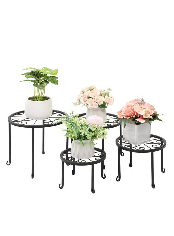 Ktaxon 4 Pack Round Nesting Plant Stand with Scroll Pattern Black