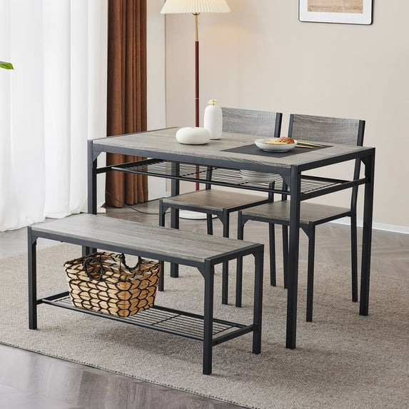 Ktaxon 4 Pcs Dining Table Set, Dinner Table Set for 4 with 2 Chairs with Backrest and Bench with Storage Rack,Nesting Furniture Set for Dining Room and Restaurant Gray