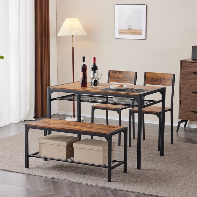 Ktaxon 4 Pcs Dining Table Set, Dinner Table Set for 4 with 2 Chairs with Backrest and Bench with Storage Rack,Nesting Furniture Set for Dining Room and Restaurant Rustic Brown