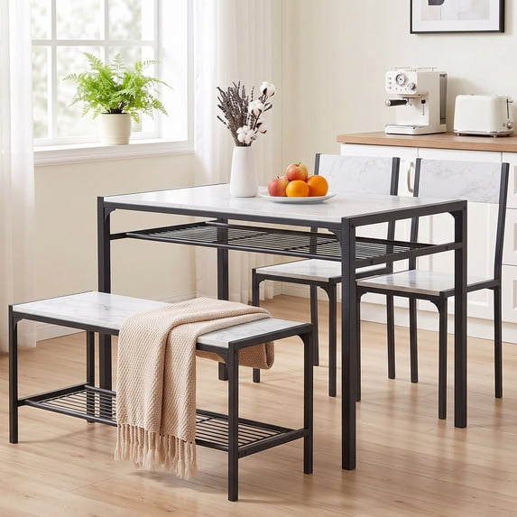 Ktaxon 4 Pcs Dining Table Set, Dinning Set for 4 with 2 Chairs and Bench, Dinner Table with Storage Rack, Nesting Furniture Set for Dining Room, Restaurant, White Marble