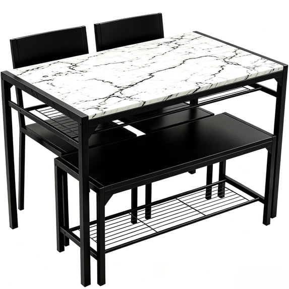 Ktaxon 4 Pcs Dining Table Set, Dinning Set for 4 with 2 Chairs and Bench, Dinner Table with Storage Rack, Nesting Furniture Set for Dining Room, Restaurant, White Marble