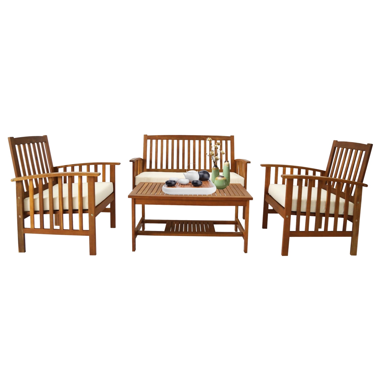 Ktaxon 4 Pcs Outdoor Acacia Wood Sofa Furniture Set Cushioned Chair Coffee Table Garden