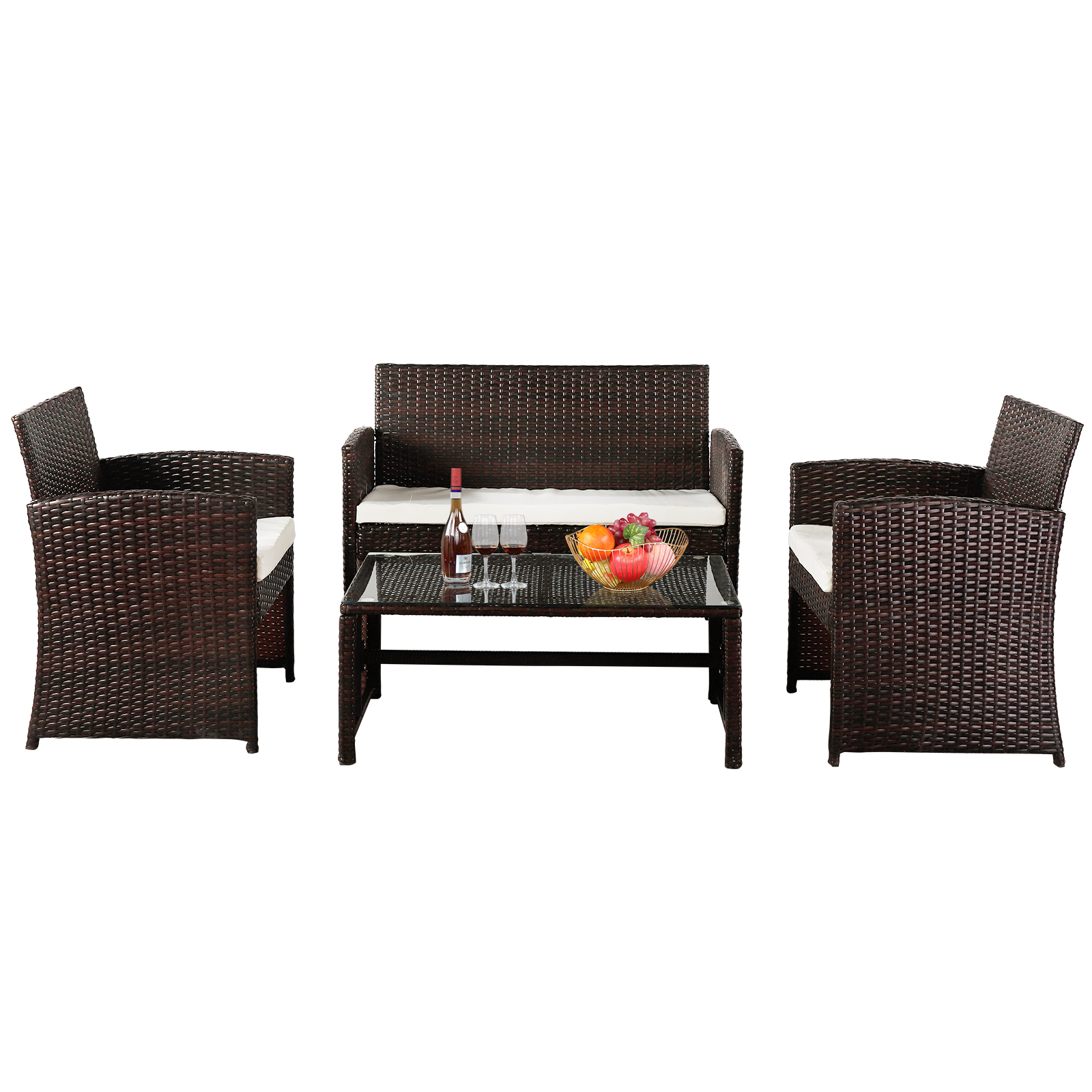 Ktaxon 4 Pcs Outdoor Patio Rattan Wicker Furniture Set Table Sofa Brown With Cushions - image 1 of 11