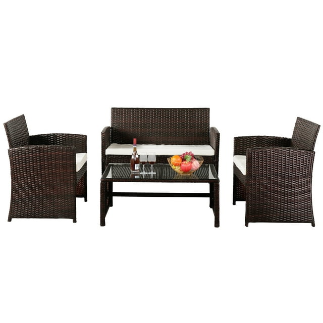 Ktaxon 4 Pcs Outdoor Patio Rattan Wicker Furniture Set Table Sofa Brown With Cushions