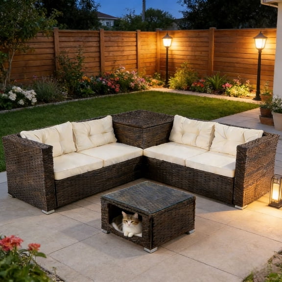 Ktaxon 4-Piece Patio Brown Rattan Sofa Set, 2 Loveseats with Storage & Pet Coffee Table, Beige Cushions, Boho Chic Living Room Furniture