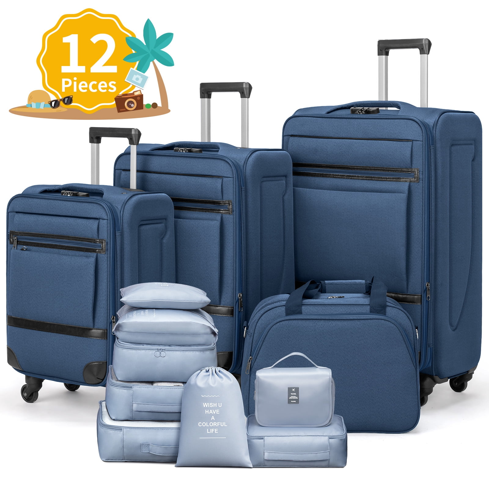 Ktaxon 3-Piece Softside Luggage Set With 8 Set Pcaking Cube TSA