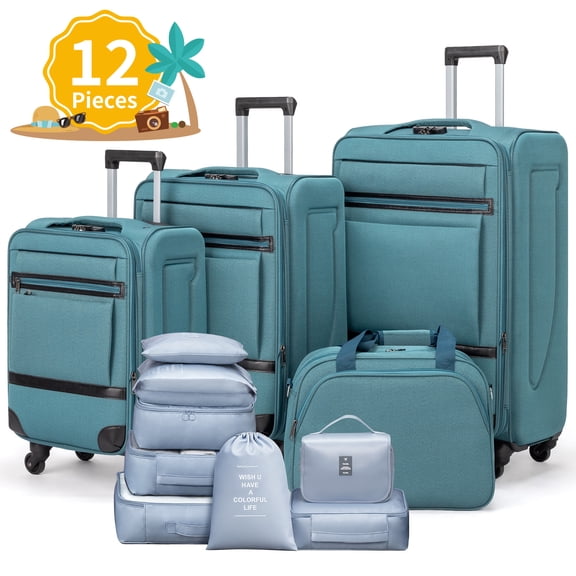 Ktaxon 4 Piece Luggage Set, Softside Expandable Suitcase Set with 360° Spinner Wheels Lightweight Rolling Travel Suitcases, Peacock Blue