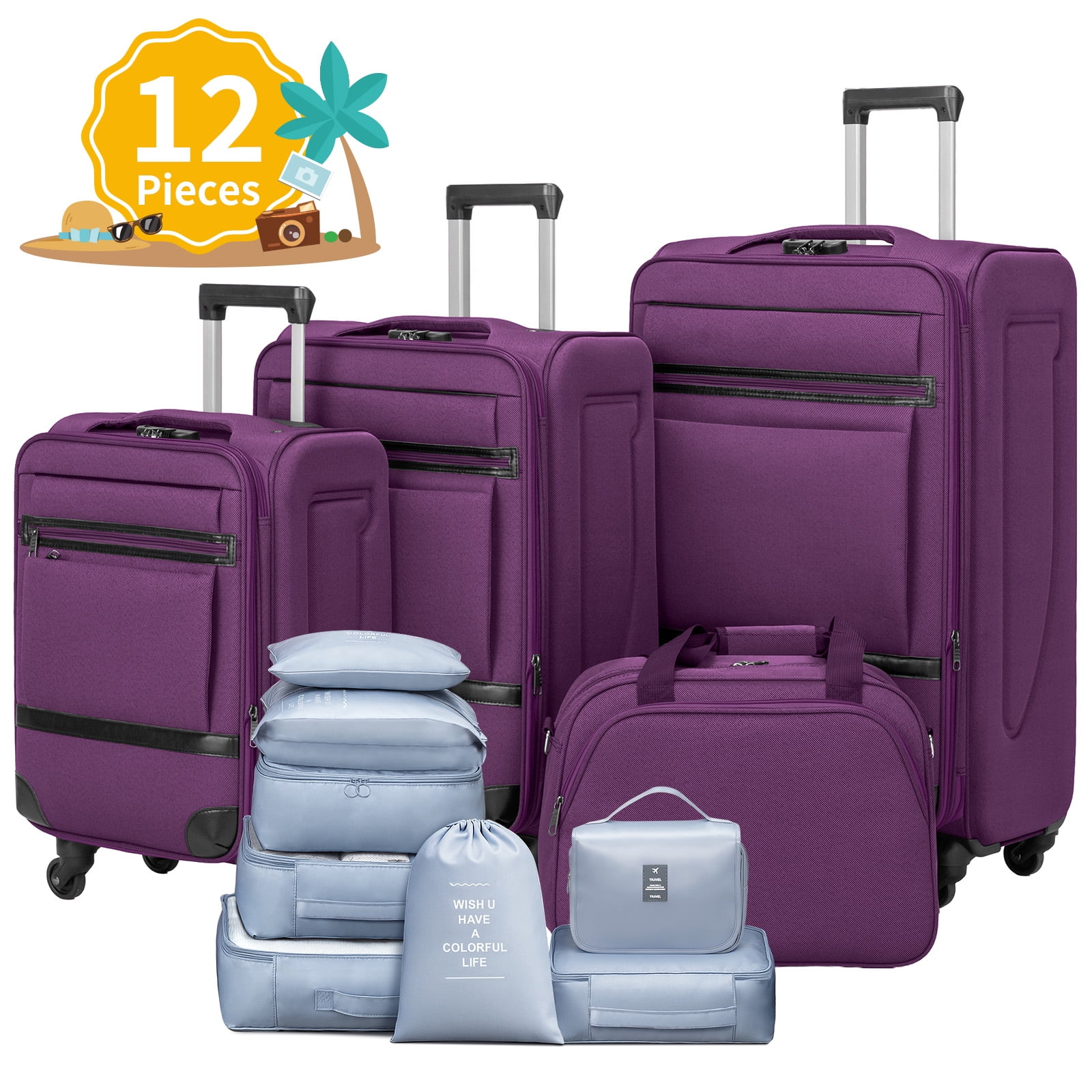 Ktaxon 3-Piece Softside Luggage Set With 8 Set Pcaking Cube TSA