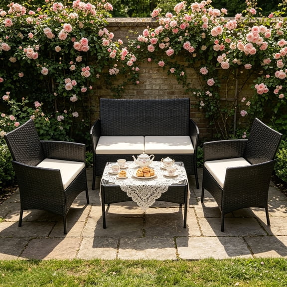 Ktaxon 4 Piece PE Rattan Wicker Outdoor Patio Conversation Set with Glass Coffee Table and Beige Cushions, Black Gradient