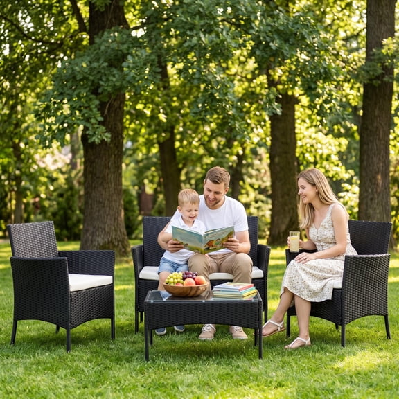 Ktaxon 4 Piece PE Rattan Wicker Outdoor Patio Conversation Set with Glass Coffee Table and Beige Cushions, Black Gradient