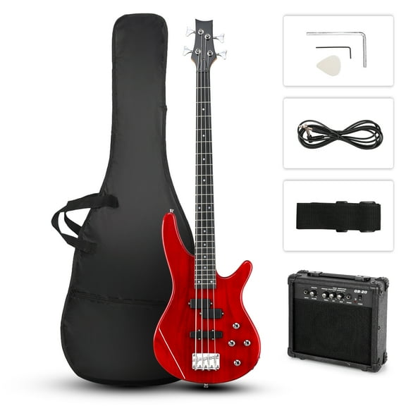 Ktaxon 4 String Electric Bass Guitar 44in Full Size Bass Kit with Closed SS Pickups, 20W Amp, Dark Red