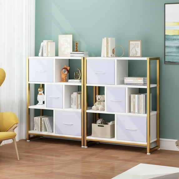 Ktaxon 4-Tier Bookshelf, Modern 7-Cube White and Gold Etagere Bookcase with 3 Drawers, Open Display Storage Shelf for Living Room, Home Office