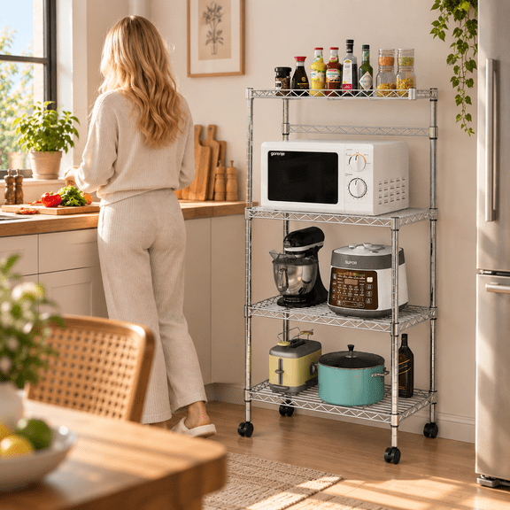 Ktaxon 4-Tier Kitchen Baker's Rack Rolling Microwave Oven Stand Utility Kitchen Cart Island with Storage Shelves, Silver Finish