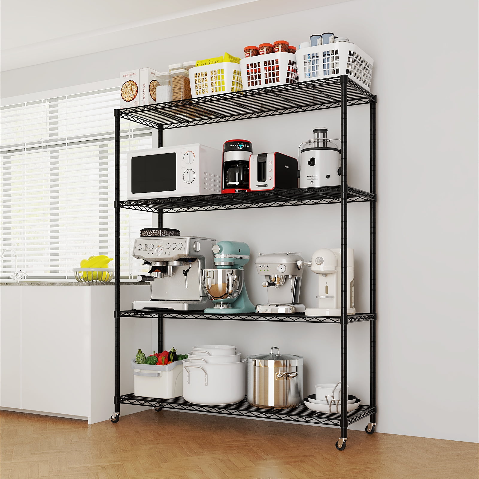 Ktaxon 4 Tier Wire Shelving with Wheels, 46"W x 17.7"D x 65"H Multifunctional Storage Rack Metal Garage Shelves Organizer, Capacity for 800lbs, Black