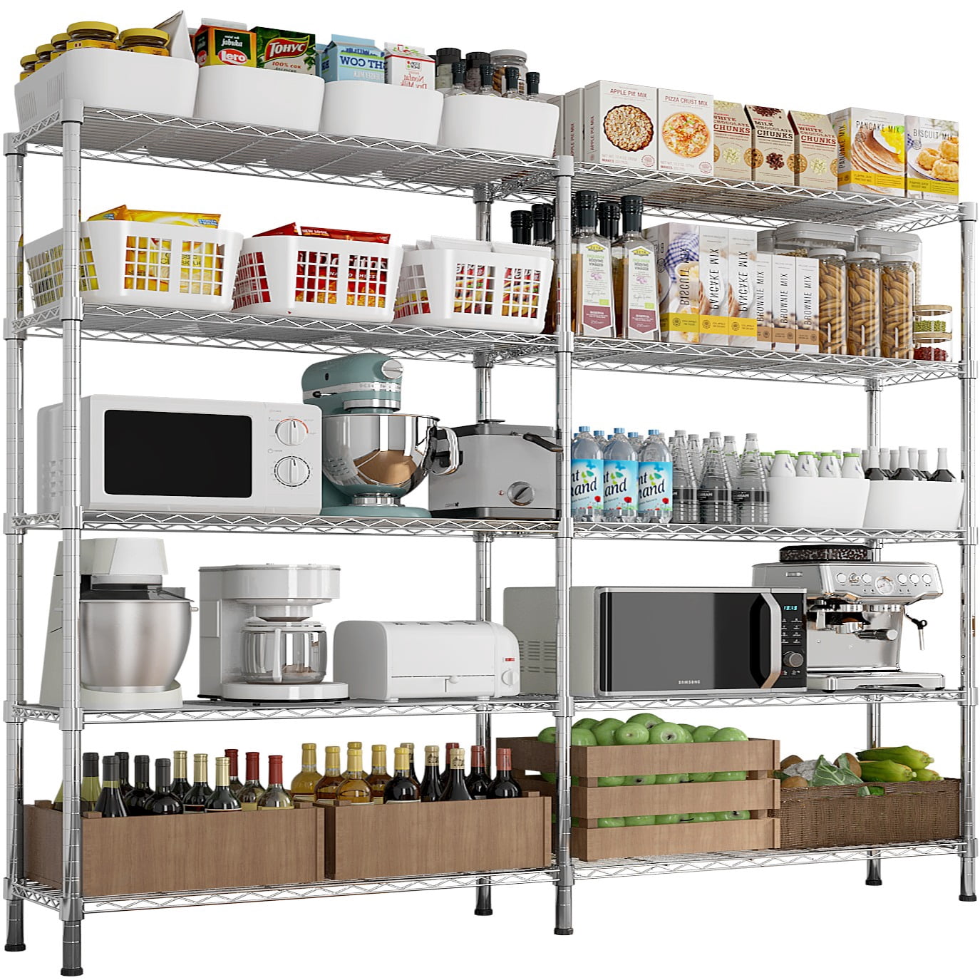 Ktaxon 1500LBS Heavy Duty Wire Shelving, 5-Tier Extra-wide Metal Shelves, Steel Garage Storage Rack, Adjustable DIY Commercial Shelving for Pantry Storage Organizer, 58"W x 13.8"D x 71"H,Chrome