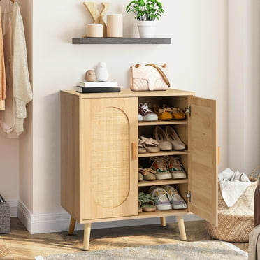 Ktaxon 4 Tiers  Shoe Storage  Cabinet for  Hallway, 2-Door 16 Pairs Rattan Shoe Rack Organizer w/ Adjustable Shelves, Natural