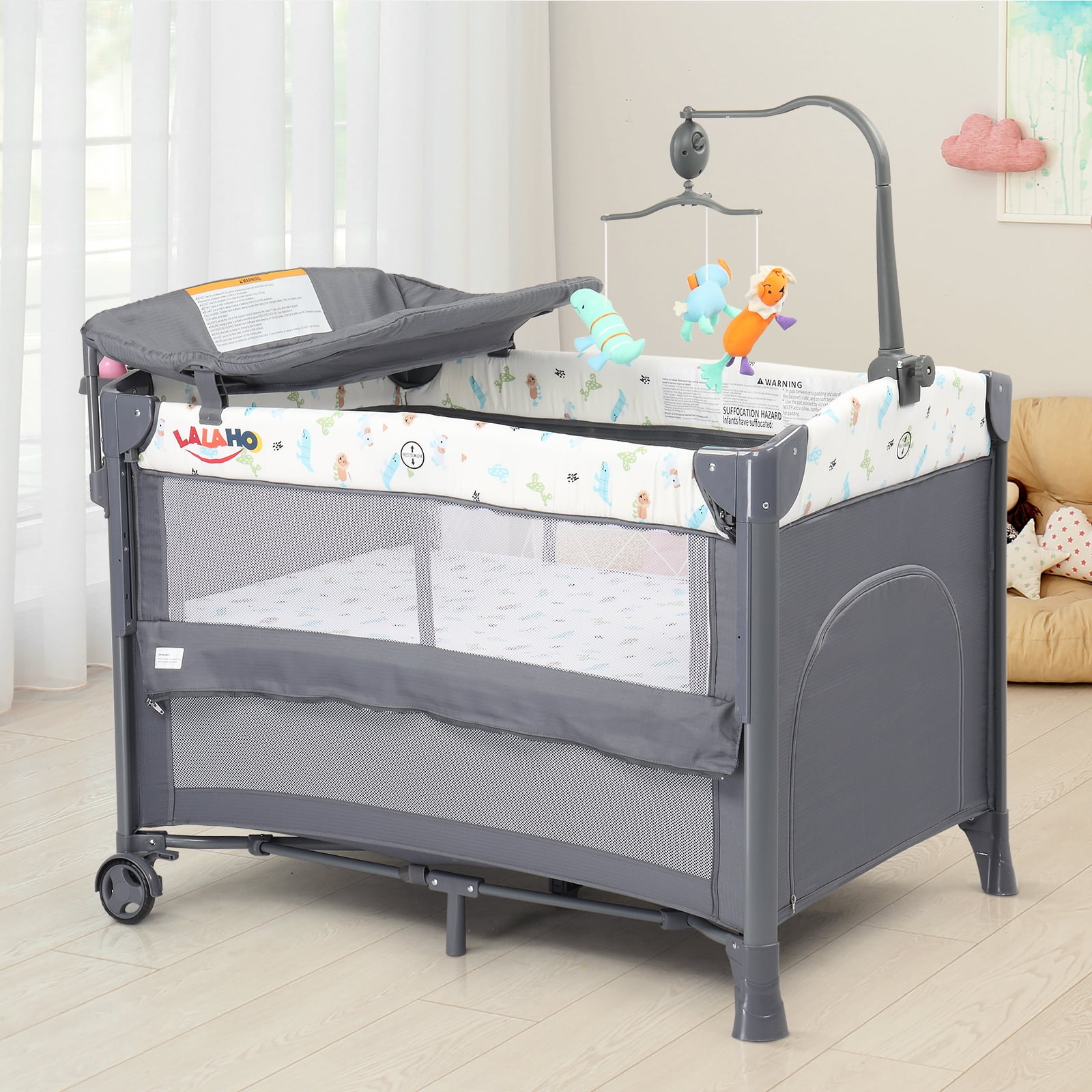 Ktaxon 4 in 1 Adjustable Baby Crib Portable Baby Bedside Bassinet for Toddlers Aged 0 36 Months Gray