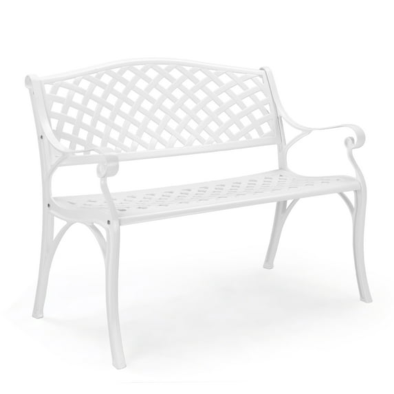 Ktaxon 40.5'' Outdoor Cast Aluminum Bench With Mesh Backrest Seat Surface, Patio Bench Chair For Backyard & Porch & Path, White