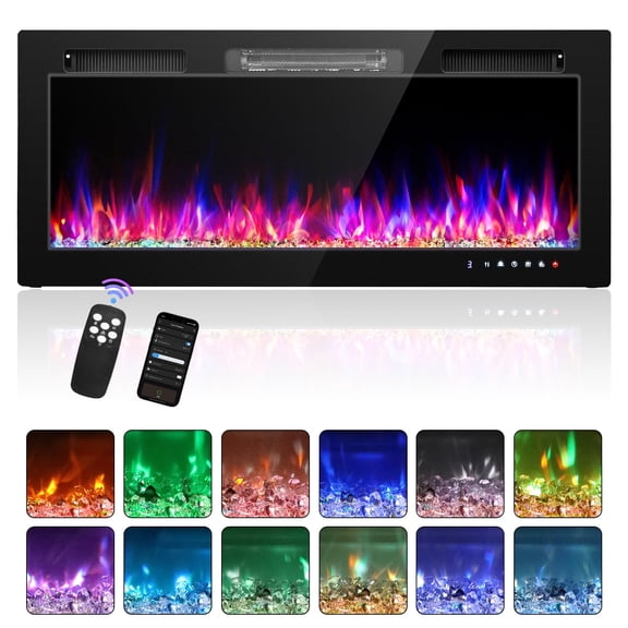 Ktaxon 40" Electric Fireplace, Inserts/Wall Mounted Fireplace Heater with WiFi Remote Control, 12 Adjustable Flame Colors, Log & Crystal, 8H Timer for Living Room, Bedroom