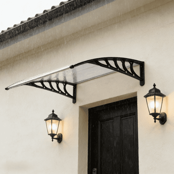 Ktaxon 40"x38" Patio Window ABS Awning Front Door Canopy Patio Cover Yard Garden (Black Frame & Transparent Shade)