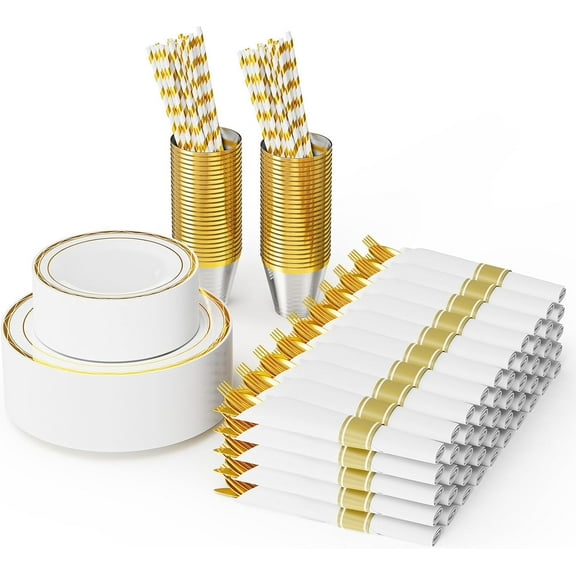 Ktaxon 400 Piece Gold Plastic Dinnerware Set for 50 Guests, Elegant Disposable Plates, 50 Straws, 100 Plates, 50 Cups, 150 Goldware, 50 Pre Rolled Napkins for Party Wedding Anniversary