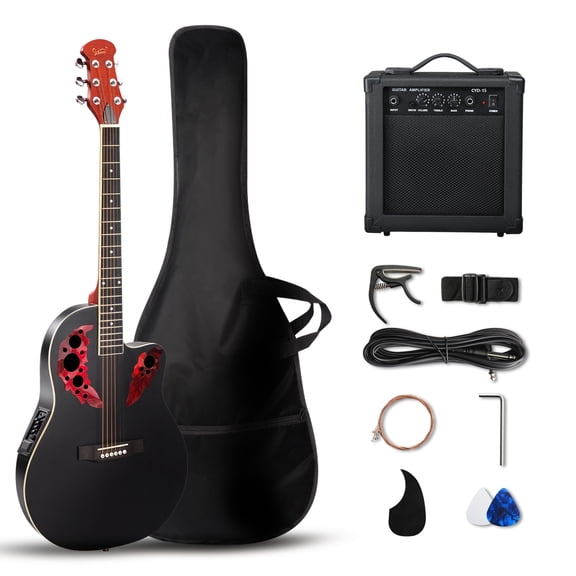 Ktaxon 41 Inch Electric Acoustic Cutaway Guitar Starter Kit, Right Handed Curved Round Back Folk Guitar with 4-Band EQ & 15W Practice Amp, Full Beginner Accessories, Black