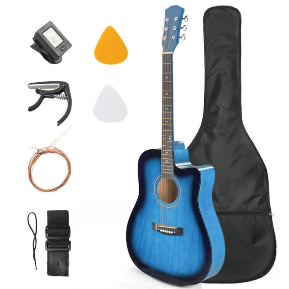 Ktaxon 41in Beginner Cutaway Acoustic Guitar Starter Kit with Bag, Tuner, Extra Strings, Blue