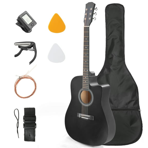 Ktaxon 41in Beginner Cutaway Acoustic Guitar Starter Kit with Bag, Tuner, Extra Strings, Matte Black