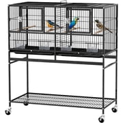 Ktaxon 41in Double Bird Cage with Rolling Stand, Divided Breeder Cage with Center Divider, Black Metal Parakeet Cage