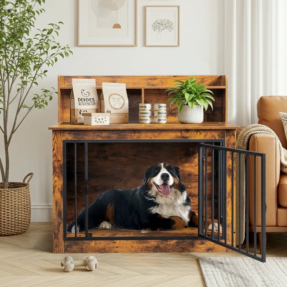 Ktaxon 41in Pet Crate End Table, 3-in-1 Heavy Duty Wooden Dog Crate with Storage Shelf for Living Room, Large Dog Cage,Rustic