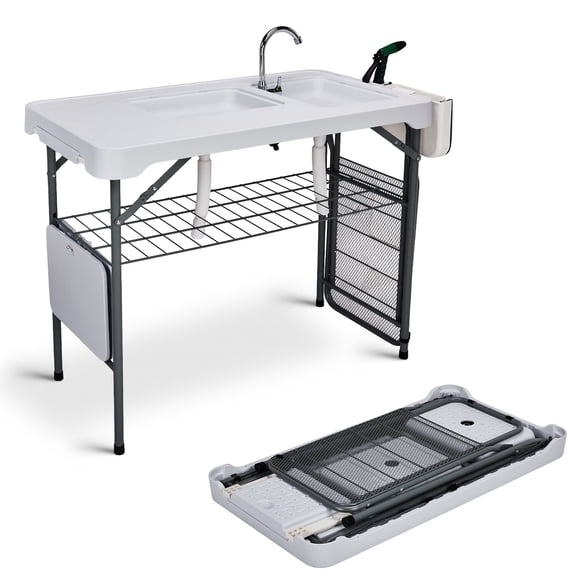 Ktaxon 42.5" Folding Fish Cleaning Table with Dual Sink, Camping Sink Table w/ Foldable Extension Stand, Faucet, Sprayer, Grid Rack & Hose Hook Up, Fish Fillet Cleaning Station for Picnic