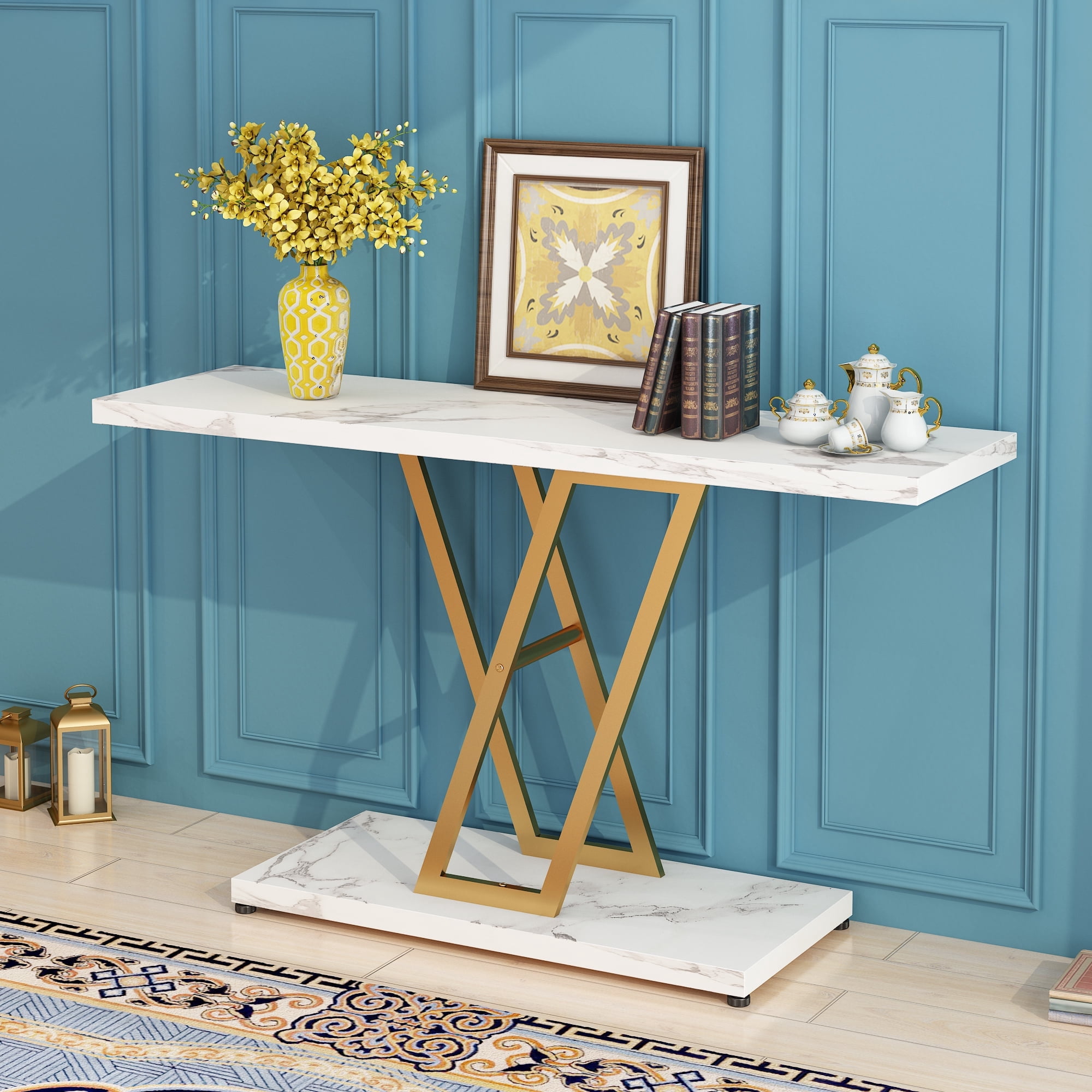 Ktaxon 42" Console Entryway Table, Modern Hallway Table Behind Sofa Couch for Living Room Entrance Indoor, White & Gold