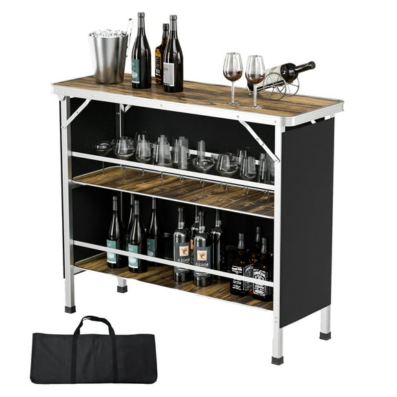 Ktaxon 43" Foldable Bar Table, Mobile Bar with 3-Tier Shelves & Carry Bag - Perfect for Events, Parties, Camping, Picnics, Tradeshows, and Both Outdoor/Indoor Use (Comes with Black Skirt, Woodgrain)