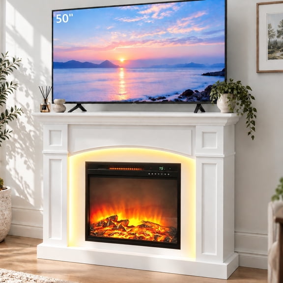 Ktaxon 40" Modern Electric Fireplace TV Stand for 32/40/43/50" TVs, Freestanding Fireplace Console with 18" Heating Mantel, for Living Room, Bedroom, Small Apartment, White, Pattern 2